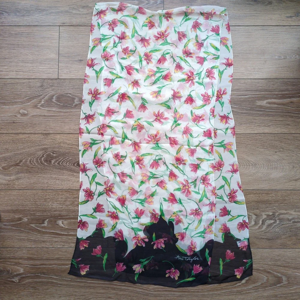 Ann Taylor Floral Sheer Silk Scarf‎ - Black White Pink Onlong Rectangle 17x70